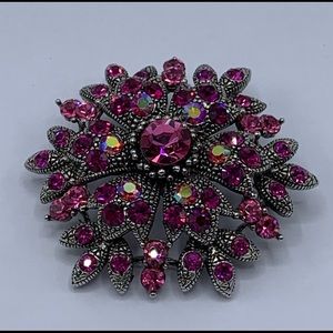 Vintage pink, brooch, silver, black, 2.25 inches,